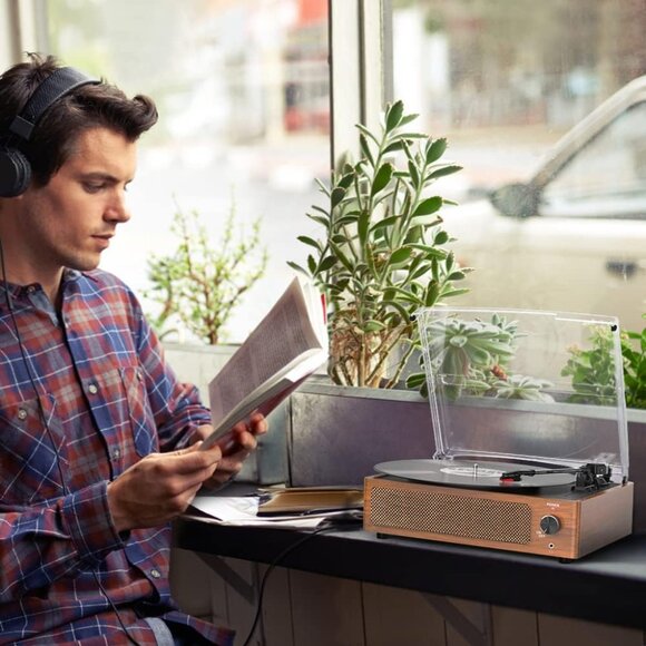 Vinyl Record Player With Speakers Vintage Turntable 3-speed Bluetooth Headphone - Picture 8 of 8